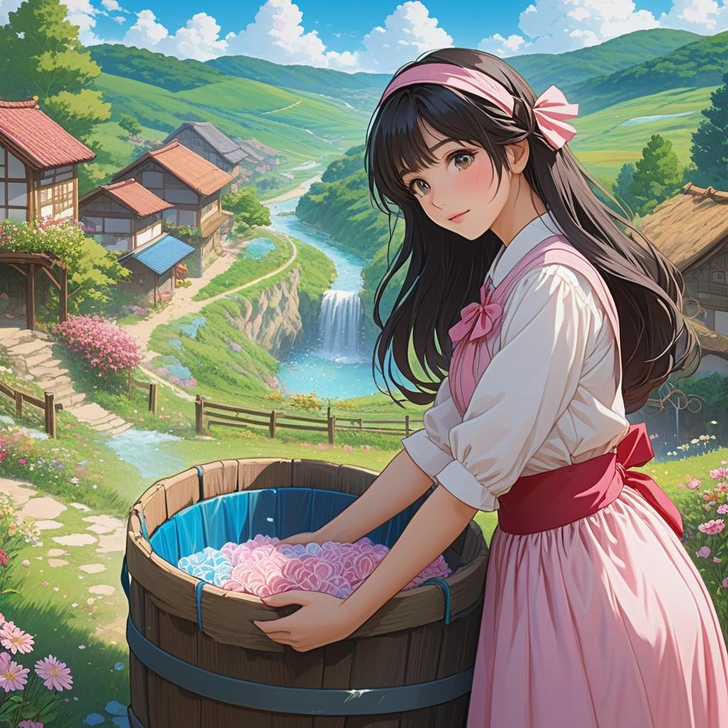  ### scene 2: washing clothes **description**: a graceful woman is washing colorful clothes in a basin next to the well. she is dressed in a flowing white and soft pink dress. a basket of laundry sits nearby. "a cheerful anime style character is beside a wooden barrel with water, set in a vibrant countryside scene. she wears a pink dress with a red sash and has long, dark hair adorned with a thin headband with pink ribbon on the side. behind her, laundry in various pastel colors is hung along a line, and flowers dot the landscape with a serene stream flowing nearby under a clear blue sky.", anime artwork, anime style, key visual, vibrant, studio anime, highly detailed