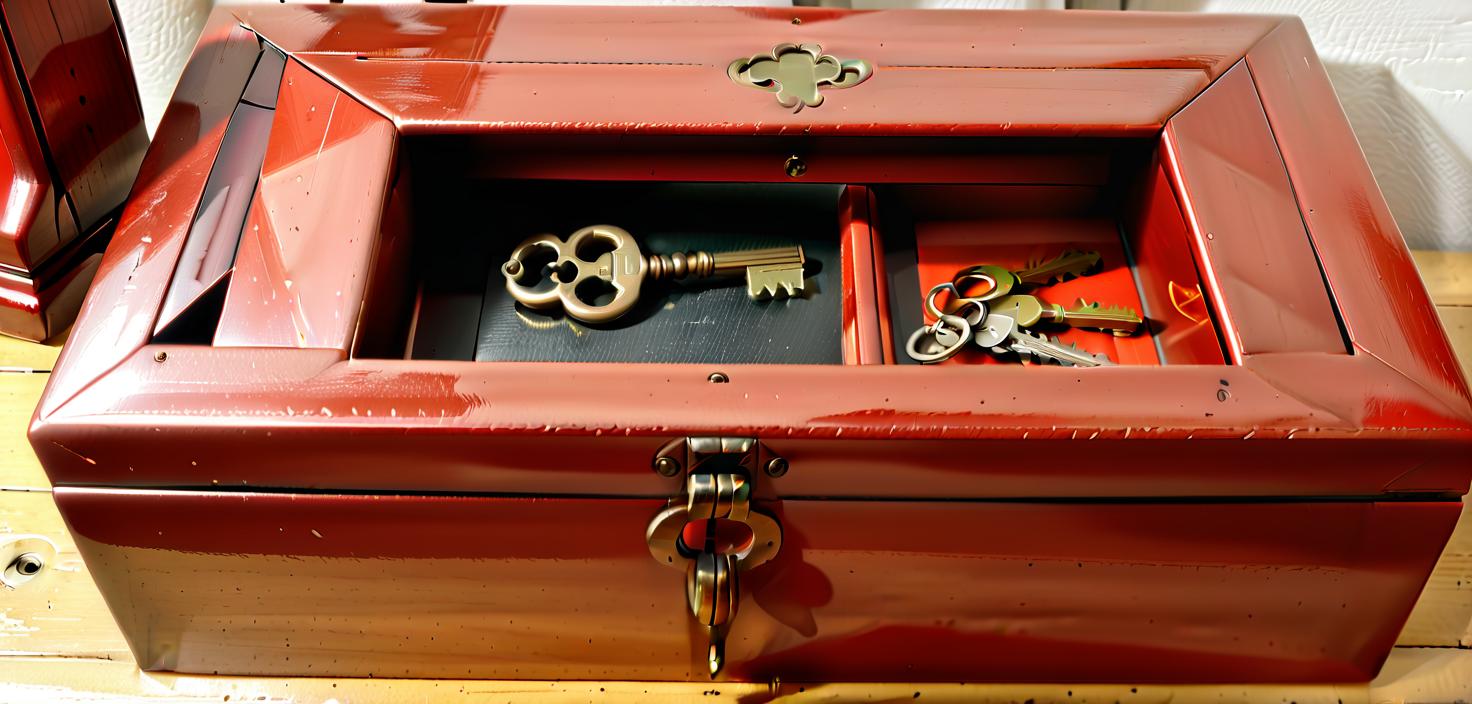  i look in a large, open, vintage, lacquered box with keys and keys. situated right in front of my face, civitai