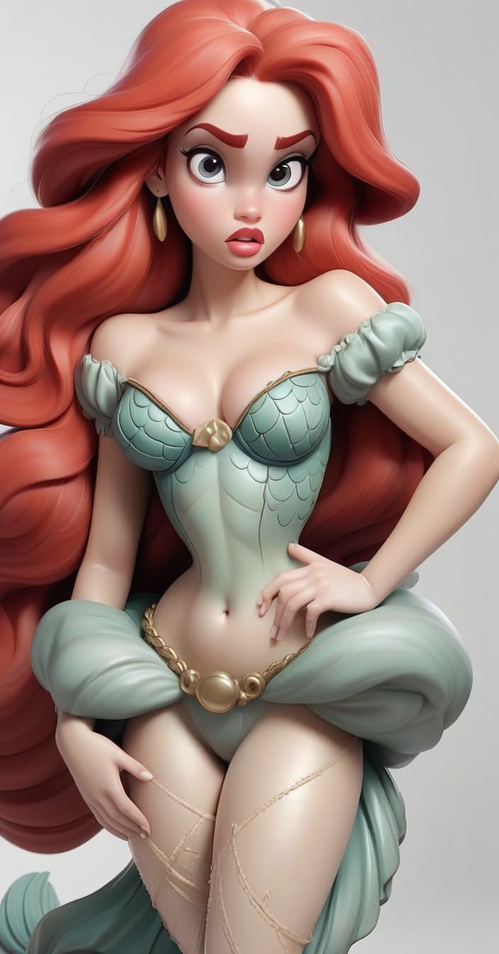  little mermaid, siren. nice face, plump cheeks, plump lips, big eyes. lira in hand. white background.