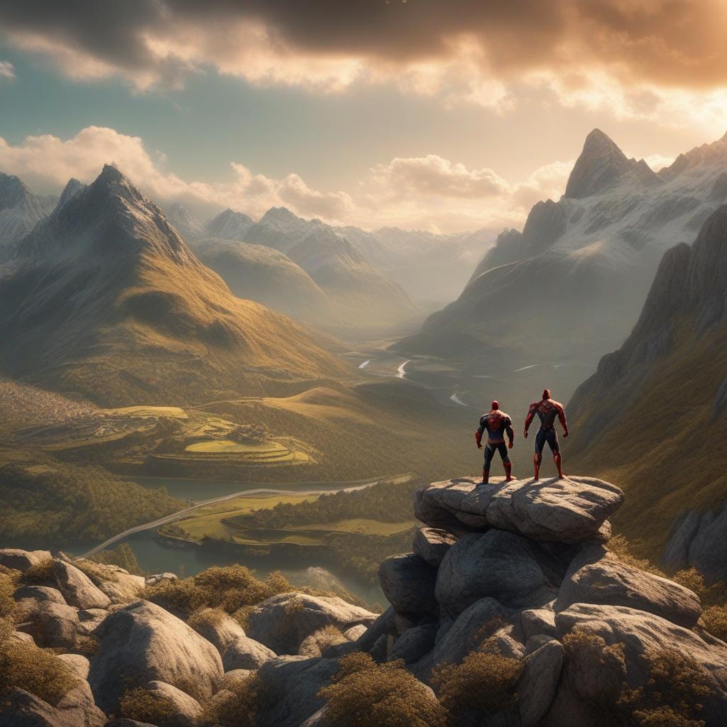  a superhero in a mountain range comic book style, graphic, highly detailed, cinematic lighting, stunningly beautiful, intricate, sharp focus, centred image composition, professionally colour graded, bright soft diffused light, hdr 4k, 8k