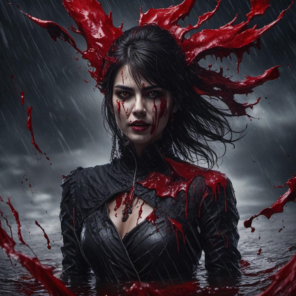  dark raining background, a women covered in blood, with werewolf teeth, dark hair and bright red eyes , profile image style