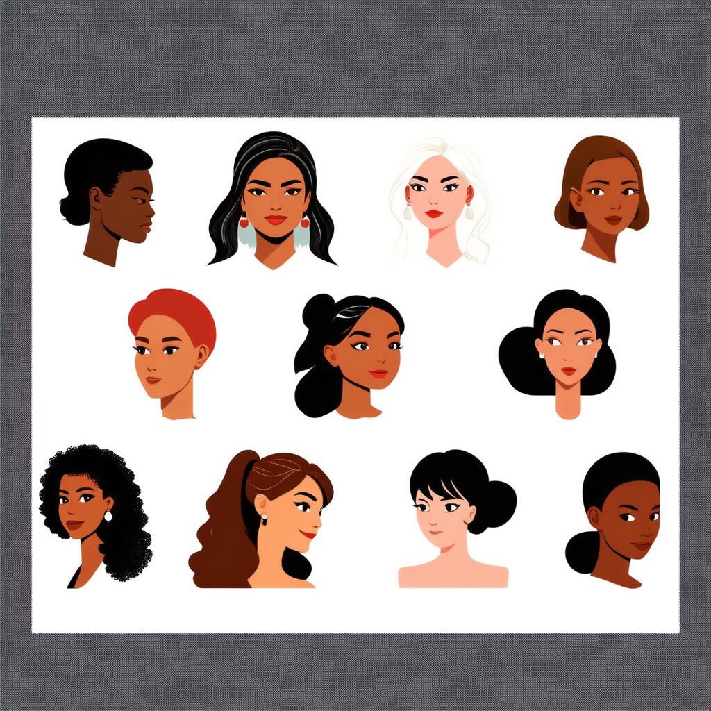  flat illustration, flaticon, (illustration:1.15), different beauty. set of different female heads on white background. different races and nationalities, [cory loftis, strobist, pascal campion :: 0.2]