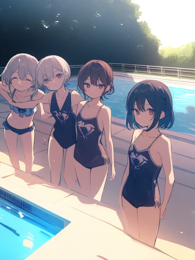  elementary students, s, transveses, short stages, old swimwear (dark blue old swimwear), man (), , cute smile face, short hair, pool, pool,