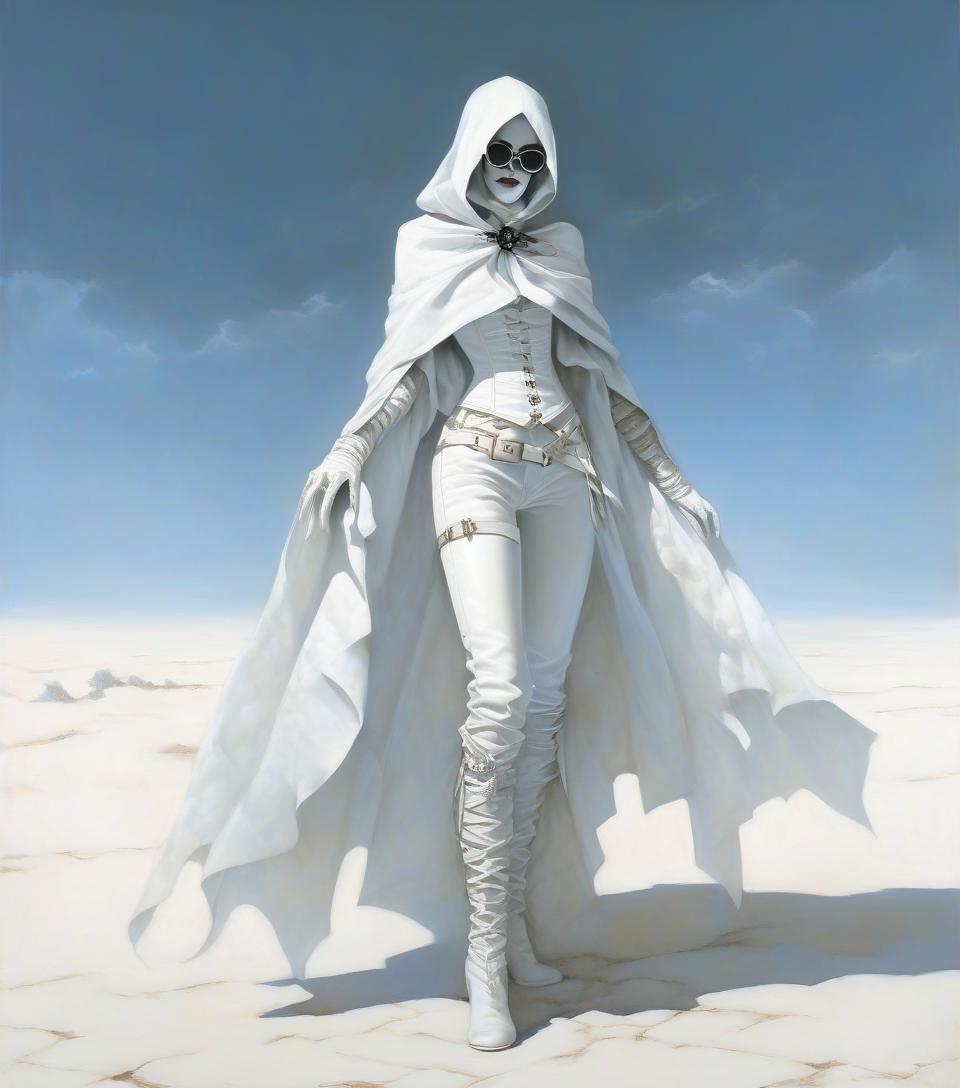  macabre style fantasy. a very thin girl with a realistic face in white round glasses, in a white handkerchief on her face, in a leather white openwork corset, in leather pants, with a wide white garter in the form of a white belt and a buckle in the middle of her right thigh, in white wrists, in white gloves, in a leaky openwork cloak. . dark, gothic, grim, haunting, highly detailed, hkmagic, oil painting