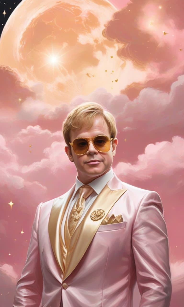  concept art pink, gold, black, white moonlight elton john . digital artwork, illustrative, painterly, matte painting, highly detailed, perfect hands