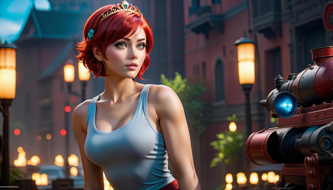  (masterpiece, top quality, best quality, official art, beautiful and aesthetic:1.2), (1girl:1.3), (princess:1.3), (tank top), (red:1.3) hair, short hair, pixie cut, (colorful eyes:1.3), extremely detailed, colorful, (highly detailed cg illustration), (looking at viewer), cinematic light, solo, half body, (character focus), outside hyperrealistic, full body, detailed clothing, highly detailed, cinematic lighting, stunningly beautiful, intricate, sharp focus, f/1. 8, 85mm, (centered image composition), (professionally color graded), ((bright soft diffused light)), volumetric fog, trending on instagram, trending on tumblr, HDR 4K, 8K