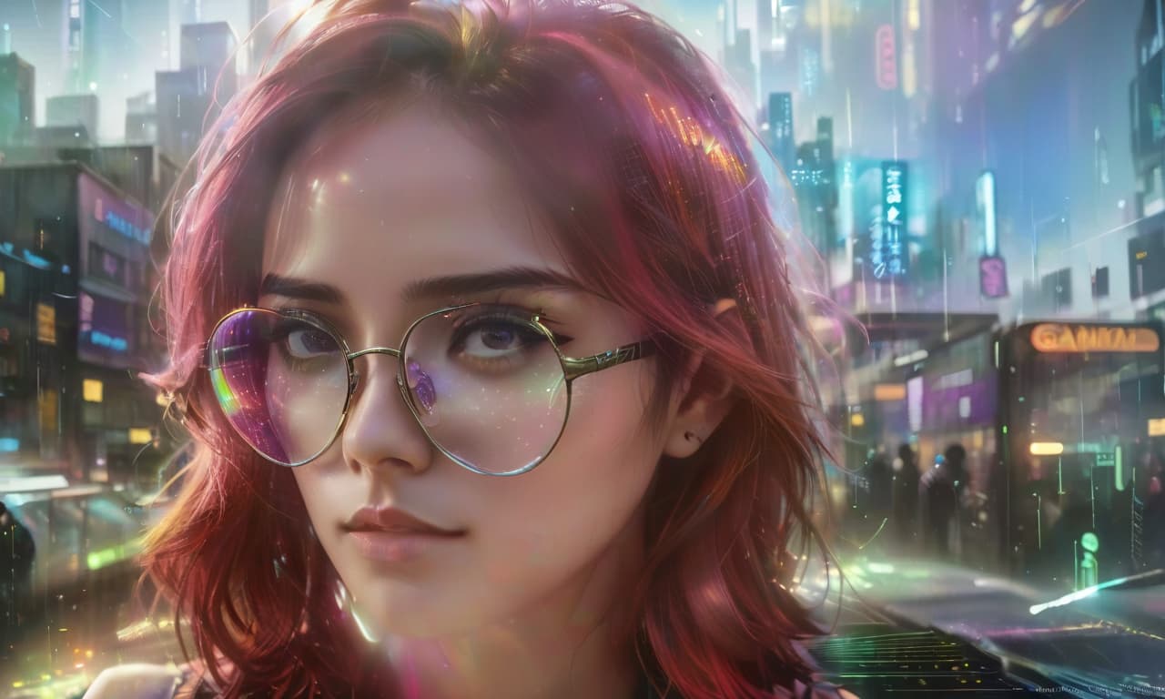  ((masterpiece, digital art: 1.3), very complex double exposure drawing inspired by yuumei,girl, glasses superimposed on a busy city street, cyberpunk aesthetics, cgsociety trend, multiple exposure technique, texture overlay with luminous holographic elements, technicolor color palette, bright city lights illuminating the scene, reminiscent of color the gamut of the matrix movie on pinterest, high definition images, colorful fairy tale atmosphere, carefully crafted details i, civitai, glowneon