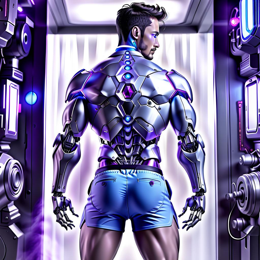  hyperrealistic art full length photo, gray robot man, blue shorts, white shirt, bright purple crystals on the back. . extremely high resolution details, photographic, realism pushed to extreme, fine texture, incredibly lifelike, perfecteyes, hkmagic, glowneon