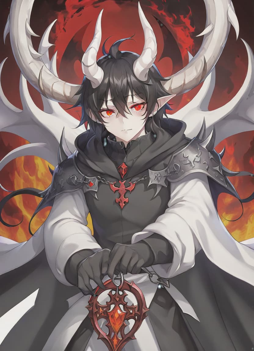  anime artwork man demon, white skin, red eyes, black hair, white horns, medieval warm black clothing . anime style, key visual, vibrant, studio anime, highly detailed