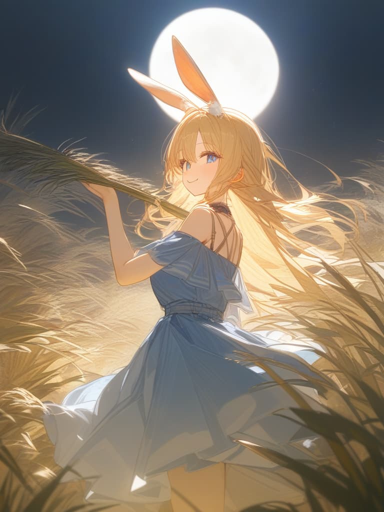  blond, girl, blue eyes, moon watching, pampas grass, smiling, rabbit, rabbit ears, masterpiece, best quality,8k,ultra detailed,high resolution,an extremely delicate and beautiful,hyper detail