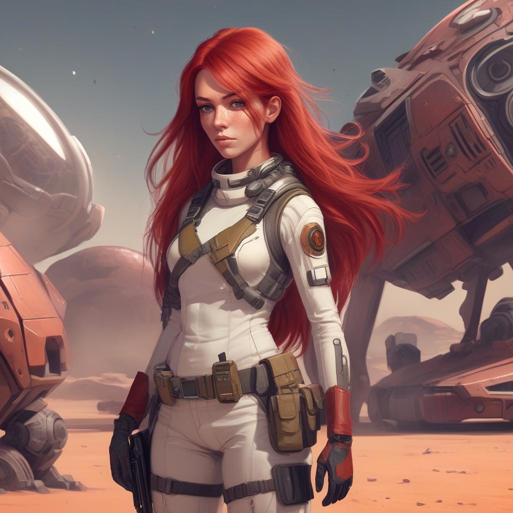  draw a full length female character, red hair, a character living on a distant colonized planet, specialization mercenary