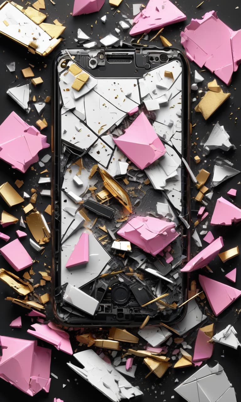  concept art black, white, gold, pink broken phone, shards, chips . digital artwork, illustrative, painterly, matte painting, highly detailed, perfect hands