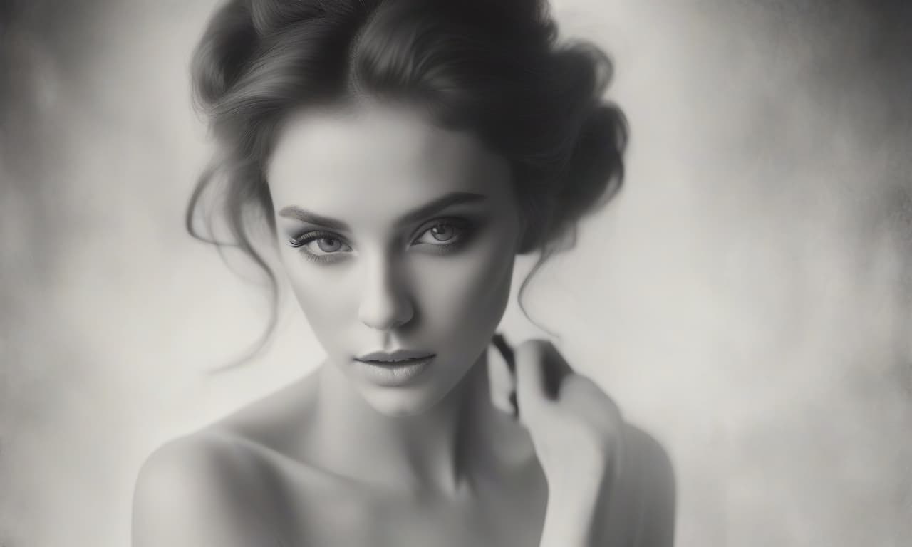  a beautiful woman in a black and white photo shoot, delicate pencil drawn features, soft dreamy expression, medium shot, seductive pose, intricate details, elegant hairstyle, dramatic lighting, dramatic shadows, cinematic composition, high contrast monochrome, fine art photography, ethereal atmosphere, dreamlike quality, subtle textures, film grain effect