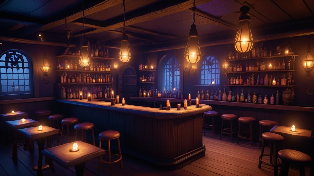  a dark and cozy karaoke bar themed for witches, with a stage, mini cauldrons on the tables, and candles for light. a bar on the side with drinks that looks like potions, high quality, high details, hd, perfect composition, 4k epic detailed, highly detailed, sharp focus, high resolution