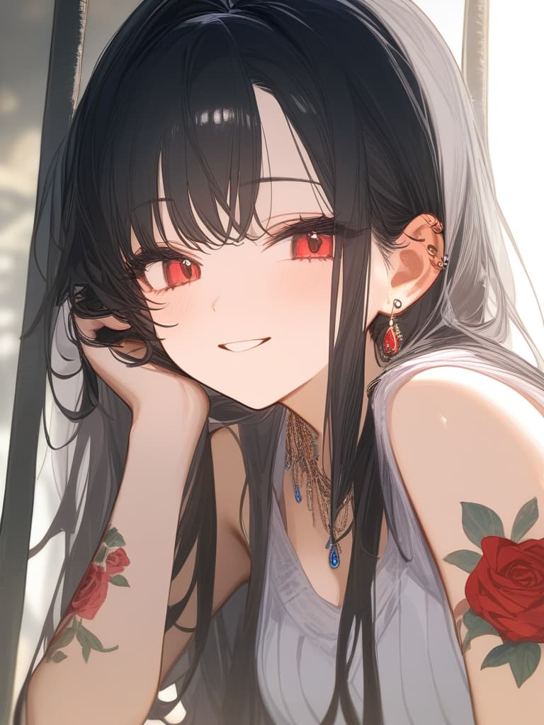  long hair, black hair, hair tips are pink, red eyes, hanging, bangs, and length of bangs, adults, adult faces, piercings, necklaces, hair are light pink and black, thin makeup on the arm. there is a rose tattoo, a rose tattoo on your arm, smiling, masterpiece, best quality,8k,ultra detailed,high resolution,an extremely delicate and beautiful,hyper detail