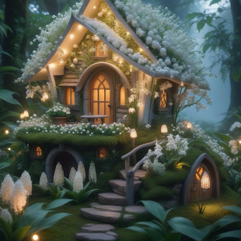  A wonderful fairy house with a thicket of lilies of the valley hyperrealistic, full body, detailed clothing, highly detailed, cinematic lighting, stunningly beautiful, intricate, sharp focus, f/1. 8, 85mm, (centered image composition), (professionally color graded), ((bright soft diffused light)), volumetric fog, trending on instagram, trending on tumblr, HDR 4K, 8K