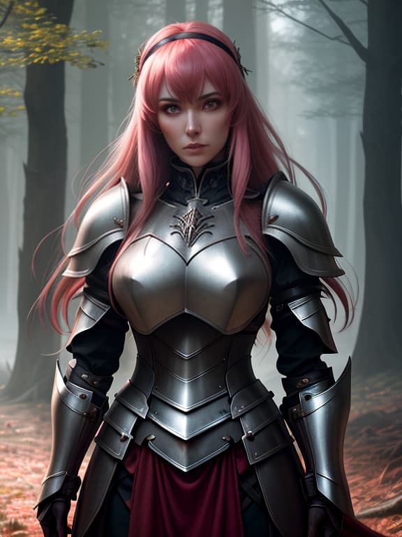  is fe, 1 young , alone, looking at viewer, blush, bangs, gloves, upper body, long hair, hairband, outdoors, parted lips, sky, day, above the handle, pink eyes, armor, tree, covered , blurred background, hand on , shoulder armor, hair on side, plate, red armor, gothic style, dark , creepy , blood , monsters , by jason engle , carlos huante , charlie bowater , simon lee , brom hyperrealistic, full body, detailed clothing, highly detailed, cinematic lighting, stunningly beautiful, intricate, sharp focus, f/1. 8, 85mm, (centered image composition), (professionally color graded), ((bright soft diffused light)), volumetric fog, trending on instagram, trending on tumblr, HDR 4K, 8K