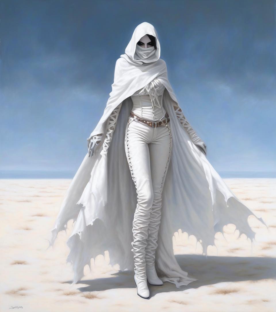  macabre style dark fantasy. a very thin girl in a white scarf on her face, in a leather white openwork corset, in leather pants, in white wrists, in white gloves, in a leaky openwork cloak. white garter in the form of a belt with a white square buckle on the right thigh. . dark, gothic, grim, haunting, highly detailed, hkmagic, oil painting