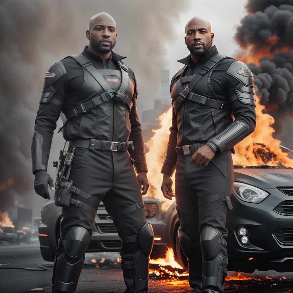  Two 250 pound bald black guys holding microphones and sitting on a burning car in an apocalyptic city hyperrealistic, full body, detailed clothing, highly detailed, cinematic lighting, stunningly beautiful, intricate, sharp focus, f/1. 8, 85mm, (centered image composition), (professionally color graded), ((bright soft diffused light)), volumetric fog, trending on instagram, trending on tumblr, HDR 4K, 8K