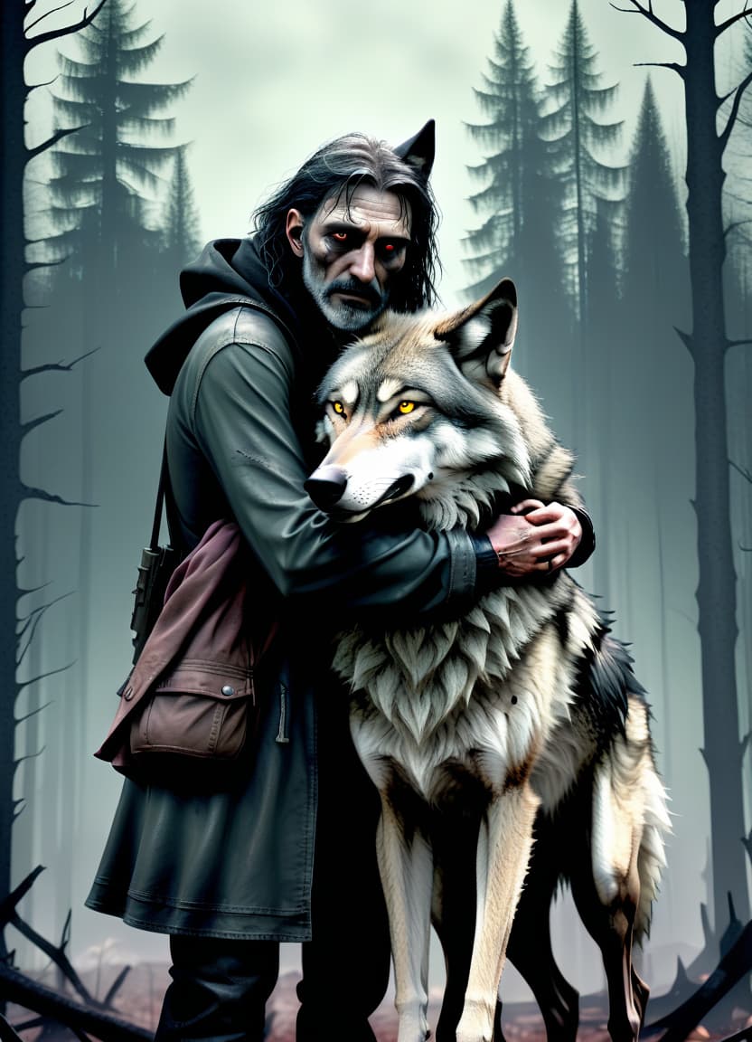  dystopian style make him a witch, he hugs his daughter, he's got a familial wolf, behind him is a forest. . bleak, post apocalyptic, somber, dramatic, highly detailed