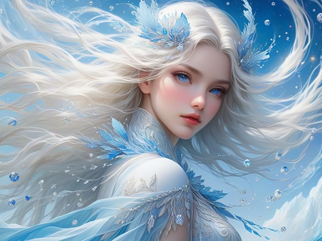  ethereal fantasy concept art of masterpiece,best quality,official art,extremely detailed cg 8k wallpaper,(flying petals) (detailed ice),crystals texture skin,1girl,cold expression,white hair,long hair,messy hair,blue eye,looking at viewer,extremely delicate and beautiful,water,((beauty detailed eye)),highly detailed,cinematic lighting,((beautiful face), fine water surface, (original figure painting), ultra detailed, incredibly detailed, (an extremely delicate and beautiful), beautiful detailed eyes, (best quality). magnificent, celestial, ethereal, painterly, epic, majestic, magical, fantasy art, cover art, dreamy