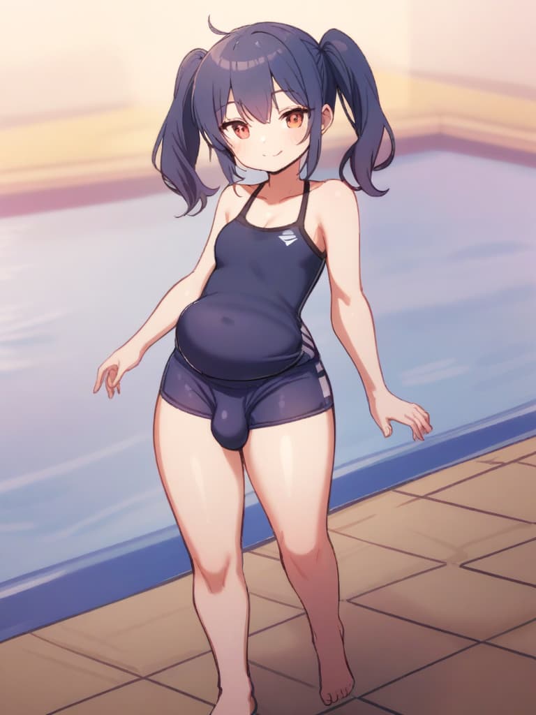  women's elementary (male), twin tails, cute smiles, rich s, low stature, dark blue swimwear, old , , simple, (swelling), (bulge), front, whole body, pool side,