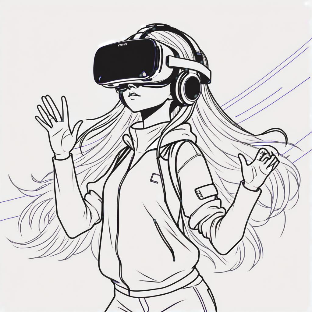  line art drawing girl in vr headset, same nightmare. anime style . professional, sleek, modern, minimalist, graphic, line art, vector graphics