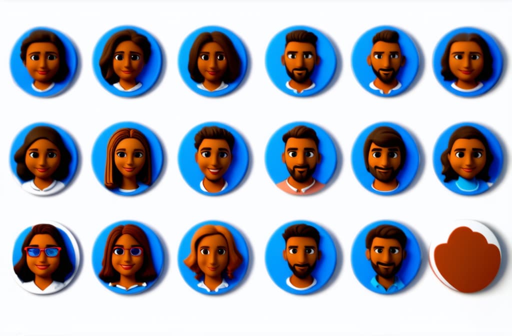  3d render, people avatars collection. set of round stickers with cartoon characters faces, user id thumbnail, modern icons for social accounts design. portrait circles isolated on white background ar 3:2 {prompt}, maximum details