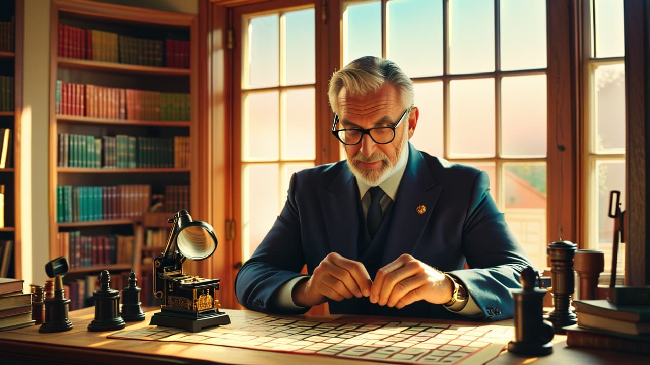  a cozy room filled with colorful stamp albums, a middle aged person examining a rare stamp through a magnifying glass, surrounded by various stamps and tools, soft sunlight streaming through a window. hyperrealistic, full body, detailed clothing, highly detailed, cinematic lighting, stunningly beautiful, intricate, sharp focus, f/1. 8, 85mm, (centered image composition), (professionally color graded), ((bright soft diffused light)), volumetric fog, trending on instagram, trending on tumblr, HDR 4K, 8K