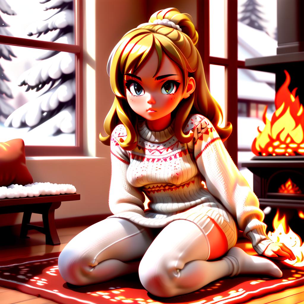  manga style kawai girl, mango, anime, sits in a room on the floor near the fireplace with a fire, she is wearing a knitted dress and high white leggings, in the background you can see in the window as it snows . vibrant, high energy, detailed, iconic, japanese comic style, sticker