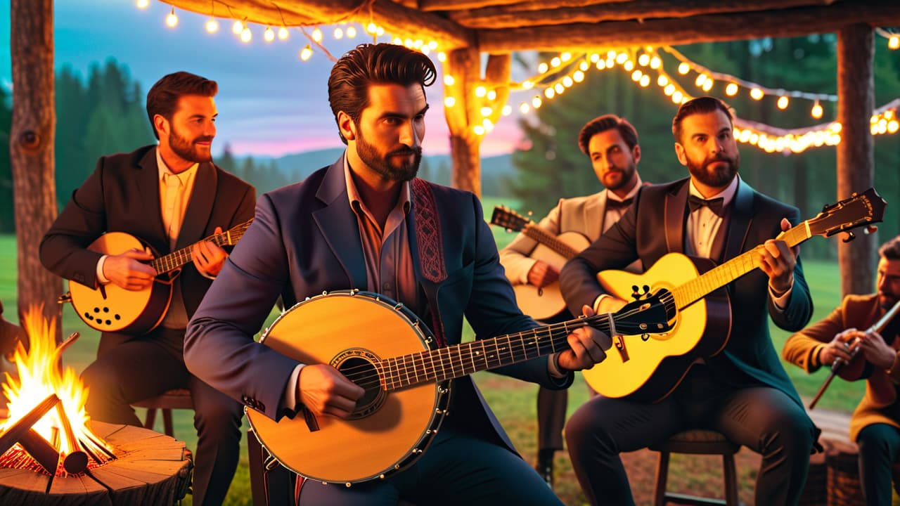  a vintage scene of a lively folk music gathering, featuring a man with a guitar, surrounded by diverse musicians playing banjos and fiddles, under warm string lights, with a rustic backdrop of trees and a sunset. hyperrealistic, full body, detailed clothing, highly detailed, cinematic lighting, stunningly beautiful, intricate, sharp focus, f/1. 8, 85mm, (centered image composition), (professionally color graded), ((bright soft diffused light)), volumetric fog, trending on instagram, trending on tumblr, HDR 4K, 8K