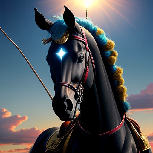  Allien e on horse with stick in look me. 4K 3D Her eyes are blue and her is shiny glass. 3D 4K uhd Realistic marblelight shine light spread art glass parts on sky)