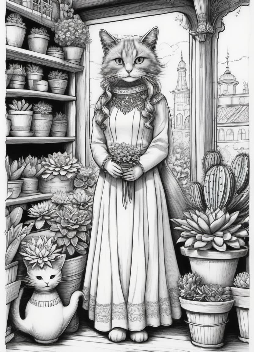  fairy tale image in (colouring style: 1,3), sticker, sticker. created with black lines on white background:: zentangle patterns, doodle. background: (cosy flower shop. shop windows. seller's counter. flowering cacti of different kinds). beautiful fluffy cat in the national dress of indians of north america sells flowers cactus. drawing with thin black marker on white background. elements of colour. good detail, good drawing, cartoon style, clear outlines, appealing. stylistics: mysticism, fairy tale, sci fi. in the manner of surrealist artists: vladimir pronkin, chris rignac, greg craola simkins. . magical, fantastical, enchanting, storybook style, highly detailed