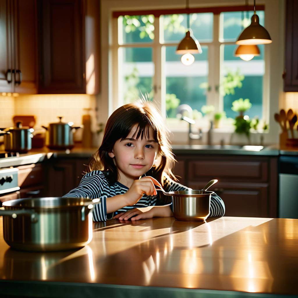  cinematic photo realistic photo. kid. girl. rite. pot. kitchen table. . 35mm photograph, film, bokeh, professional, 4k, highly detailed, film photography style