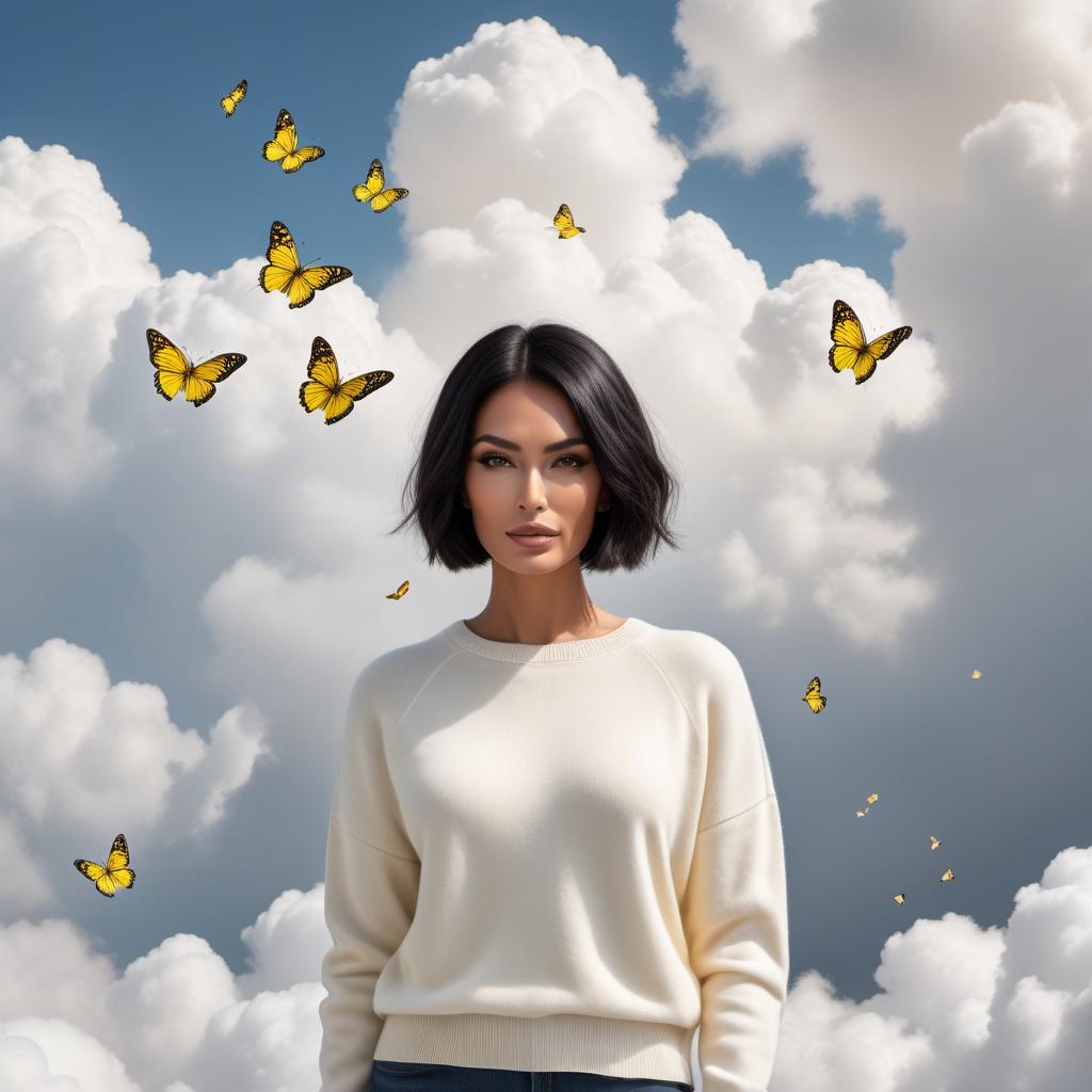  A modern Peruvian lady in heaven amongst clouds, wearing an off-white soft cashmere-like sweater and with a short bob haircut. Her hair is black with a white strip of hair in the front near the forehead centered. A lot of small, soft yellow butterflies with no black are flying past her. The scene should be dreamy and angelic. hyperrealistic, full body, detailed clothing, highly detailed, cinematic lighting, stunningly beautiful, intricate, sharp focus, f/1. 8, 85mm, (centered image composition), (professionally color graded), ((bright soft diffused light)), volumetric fog, trending on instagram, trending on tumblr, HDR 4K, 8K