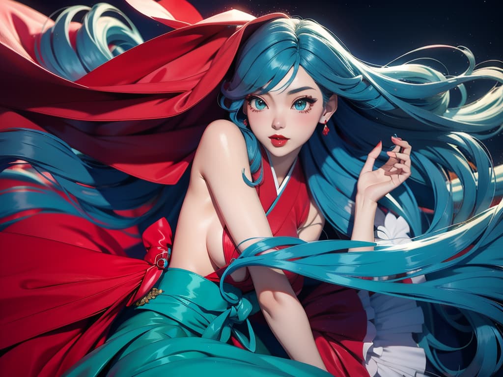  beautiful japanese girl in a cerulean blue off the shoulder gown with long hair green eyes and full red lips as an artistic 3d digital art photo realistic glamorous blue background with red curving waves with a sensual air