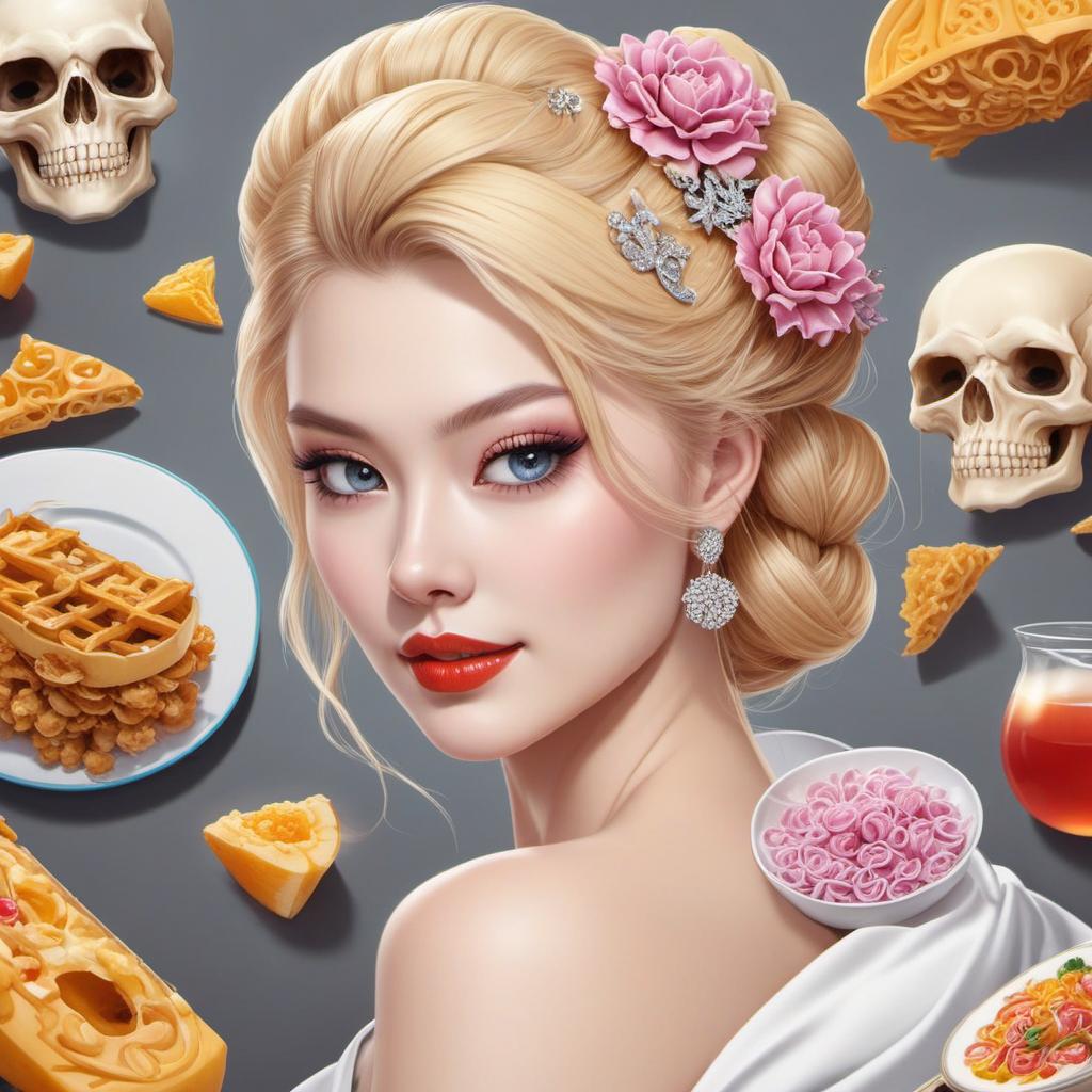  ➜ woman with chinese food with pale skin and bright blonde hair and grey eyes with skull pins in her hair. jelly art style, profile image style