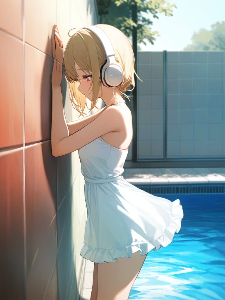  white frilled dress swimwear, back, blond twin tail, white headphones, whole body, legs, hugging on the wall, pose protruding , tile walls, small , s, slim dresses on the wall, slim dress , a with a small , showing her back, pool, white , masterpiece, best quality,8k,ultra detailed,high resolution,an extremely delicate and beautiful,hyper detail