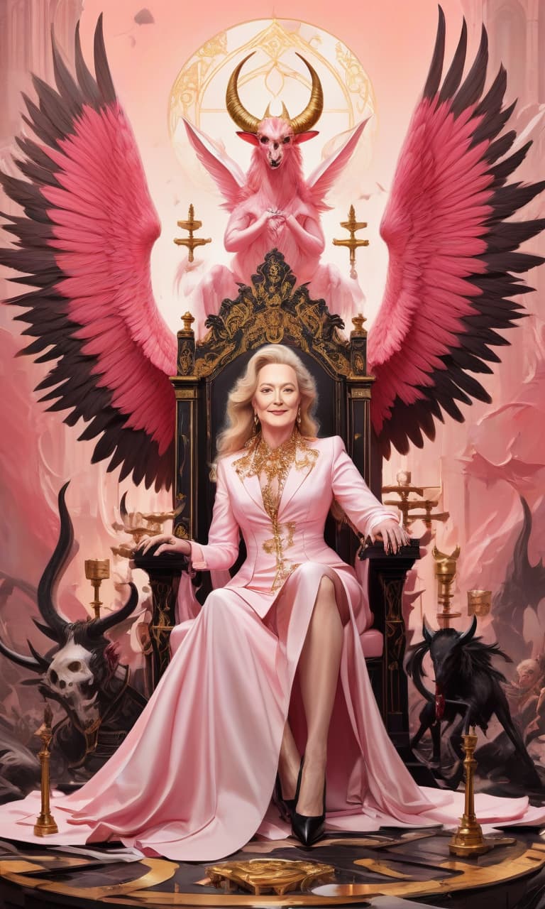  concept art tarot color pink, white, black, gold meryl streep on a throne of bones, with wings and devil's horns in prada shoes . digital artwork, illustrative, painterly, matte painting, highly detailed, perfect hands