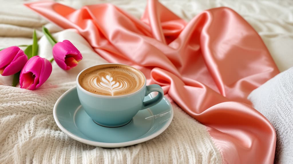  a cup of coffee and some pink tulips on a bed, romanticism, flowing salmon colored silk, pastel pink skin tone, beige, bed is not made, covered with blanket, with a white ar 16:9 {prompt}, maximum details