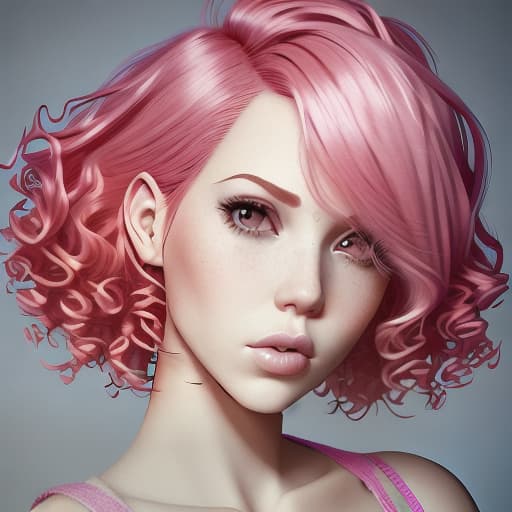  --Style Photoralism, a close up of a woman with pink hair and a red top, short pink hair, cute with short pink hair, huge curly pink hair, curly pink hair, pink short hair, huge pink hair, pink hair, breathtaking ilya kuvshinov, yael shelbia, cgsociety portrait, rose hair, kawaii realistic portrait, hyperrealistic , with pink hair