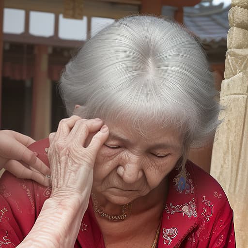  an elderly woman has a memory disorder, she touches her temple with her hand, knowing where she is