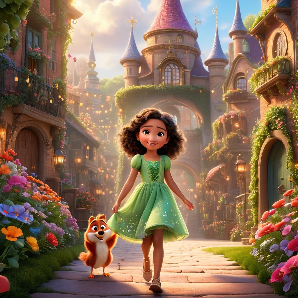  in 3d animated movie style. disney pixar style. aliya, , a curious and kind hearted in a colorful dress with floral patterns, and mischa the mischievous fairy, a and tricksy fairy in a sparkling green dress with tiny bells. a hidden pathway with shimmering air and an ethereal glow surrounding aliya and mischa, leading towards a secret entrance. high resolution pixar 3d animated film style with detailed rendering, showcasing bright and soft lights with a warm feel to enhance the magical ambiance of the scene. focus on a slightly elevated bird's eye view perspective to capture aliya and mischa in the enchanting moment.