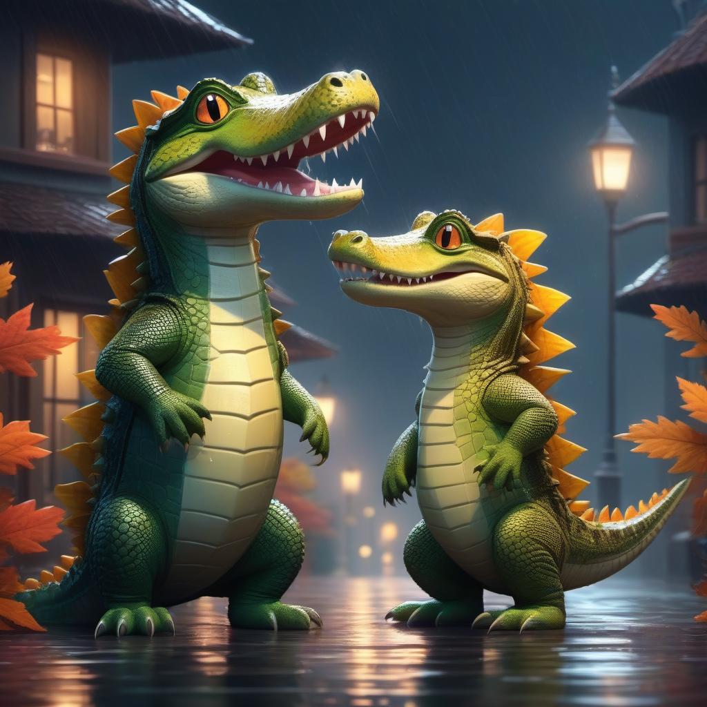  A cute cartoon pair of crocodiles in love walks through the dark autumn streets in the rain , a bright dynamic picture in the style of kortoon , fantasy, digital animation, realistic, drawing details