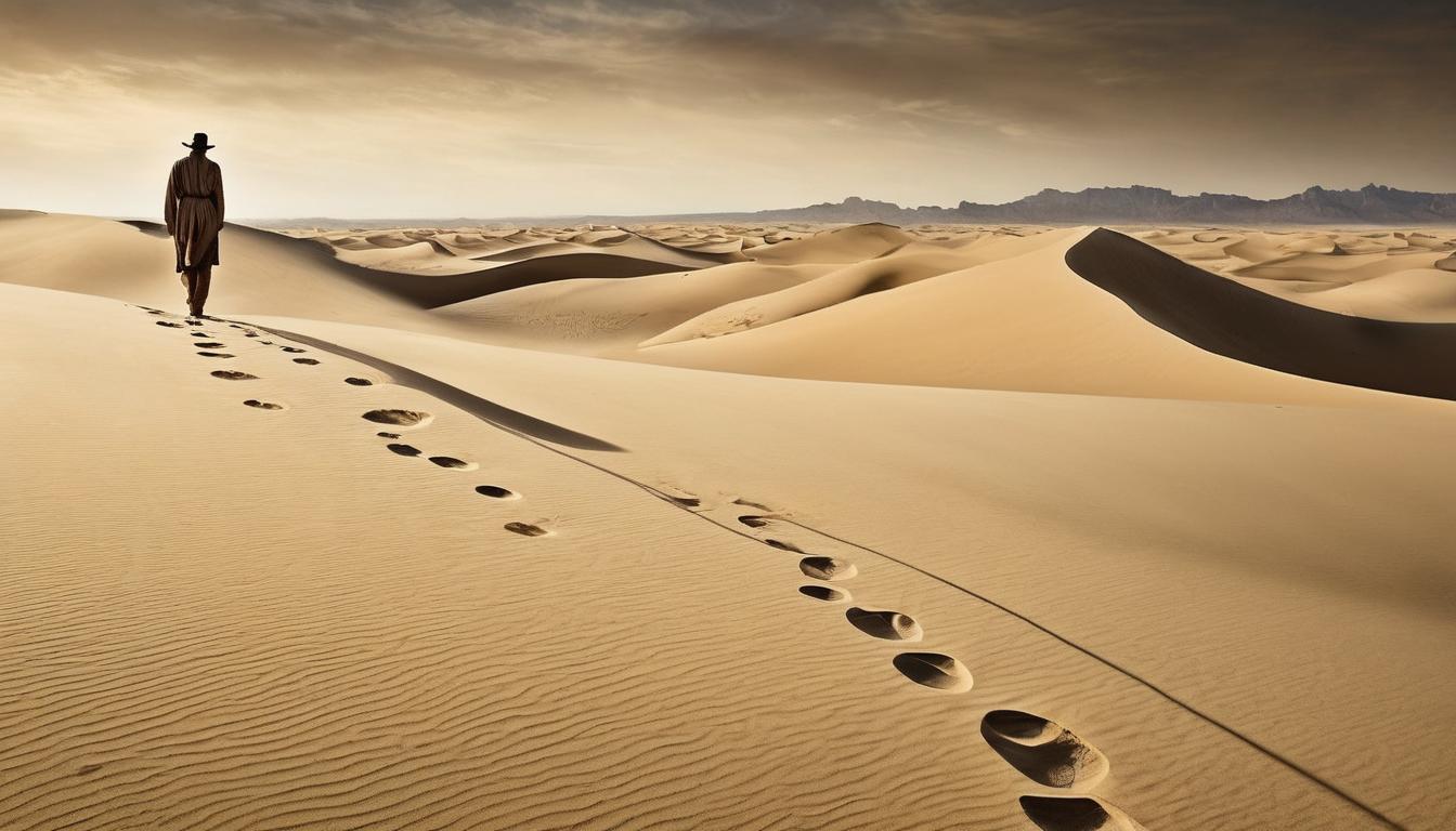  on parchment, surrealism++, a lone traveler, walking through an endless desert, footprints in the sand, horizon stretching infinitely, enduring, contemplative, persistent(mysterious, provocative, symbolic)++