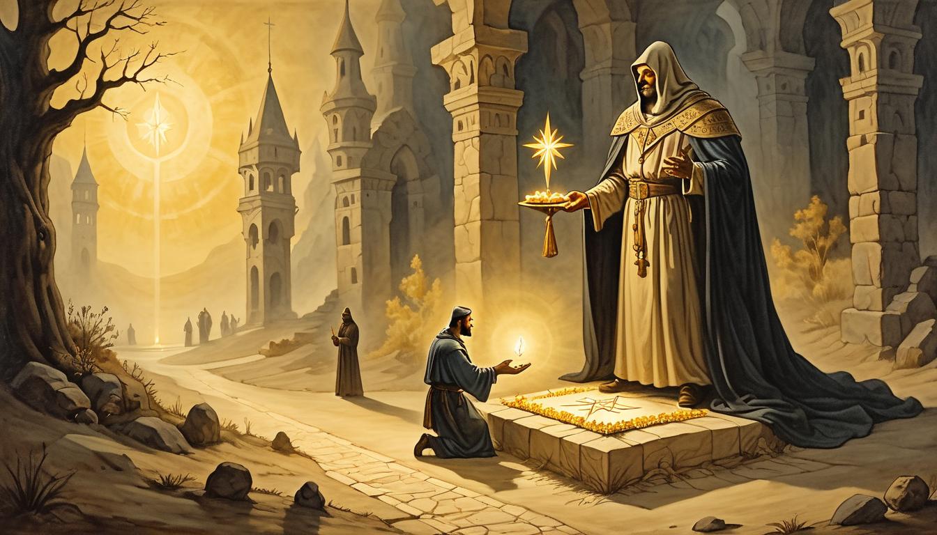  on parchment, surrealism+++, divine figure placing an illuminated gift on a path, shadowy figures in the background, golden light, purposeful placement(mysterious, provocative, symbolic,muted color)+++