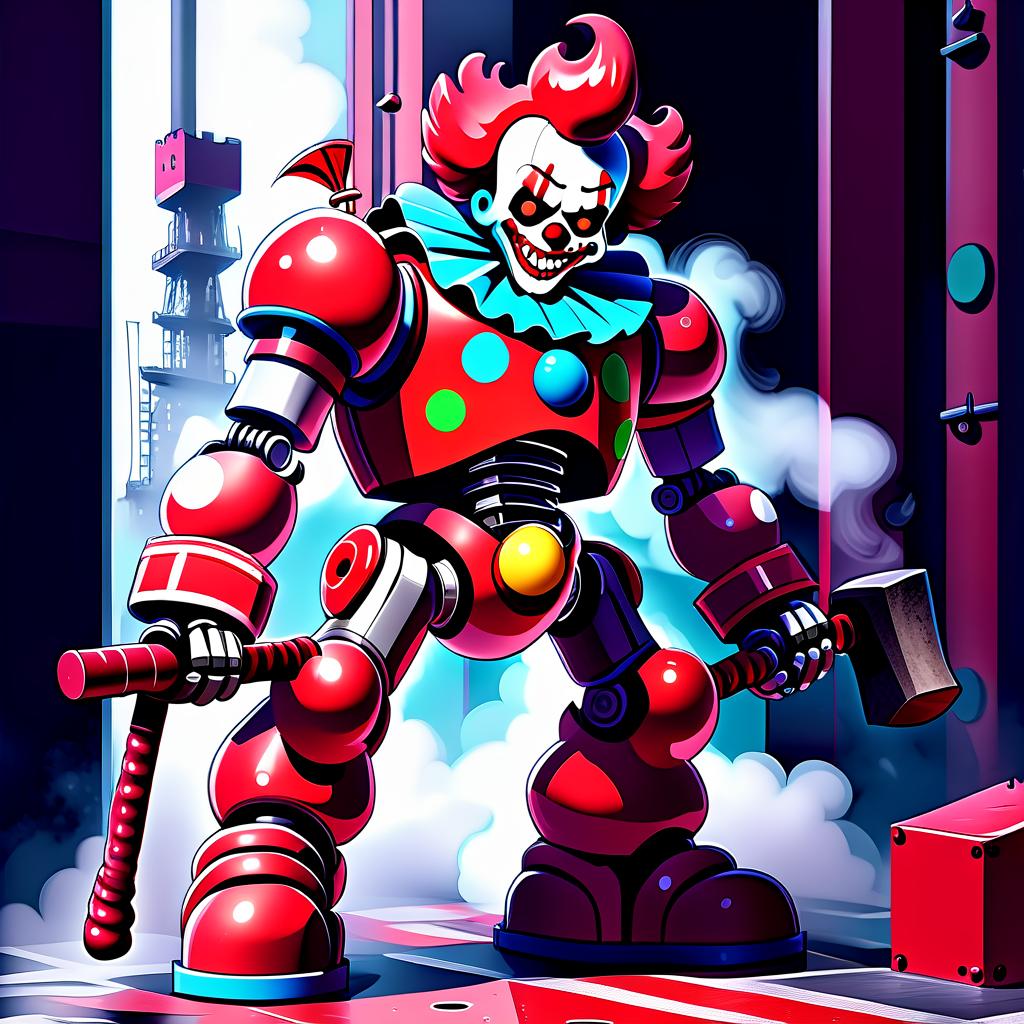  anime artwork robot clown red, with steam pipes from the back, height of 20 storey house, holding a huge toy hammer . anime style, key visual, vibrant, studio anime, highly detailed, sticker