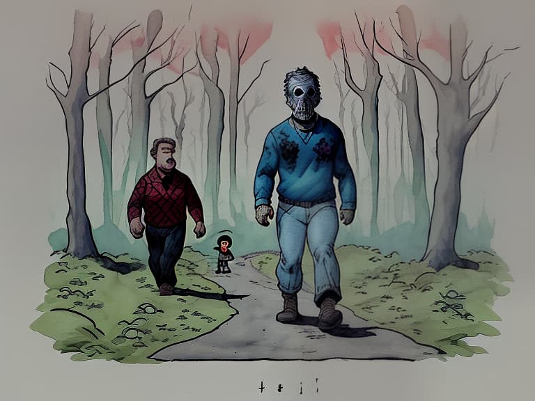  jason voorhees is walking through the woods, cute, funny, centered, award winning watercolor pen illustration, detailed, disney, isometric illustration, drawing, by stephen hillenburg, matt groening, albert uderzo