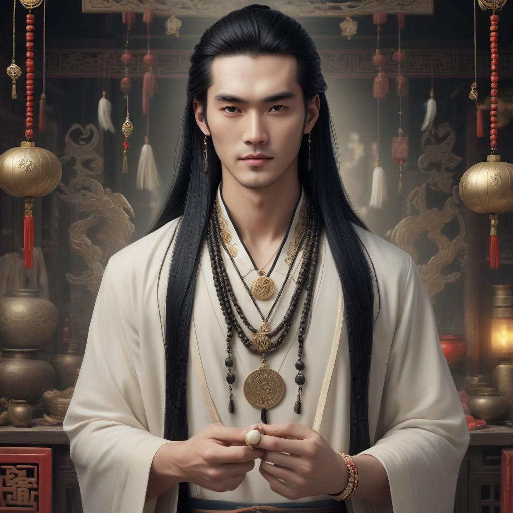  an face character, a young handsome man, a chinese healer, long black hair, traditional blonde clothes, jewelry and amulets around the neck, in full growth.