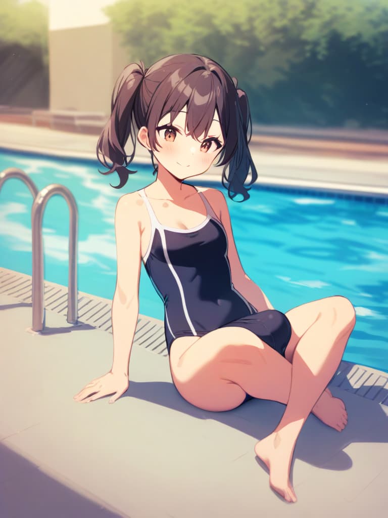  women's elementary students, twin tails, cute smiles, swimwear, man (bulging), (bulge), poolside, whole body,